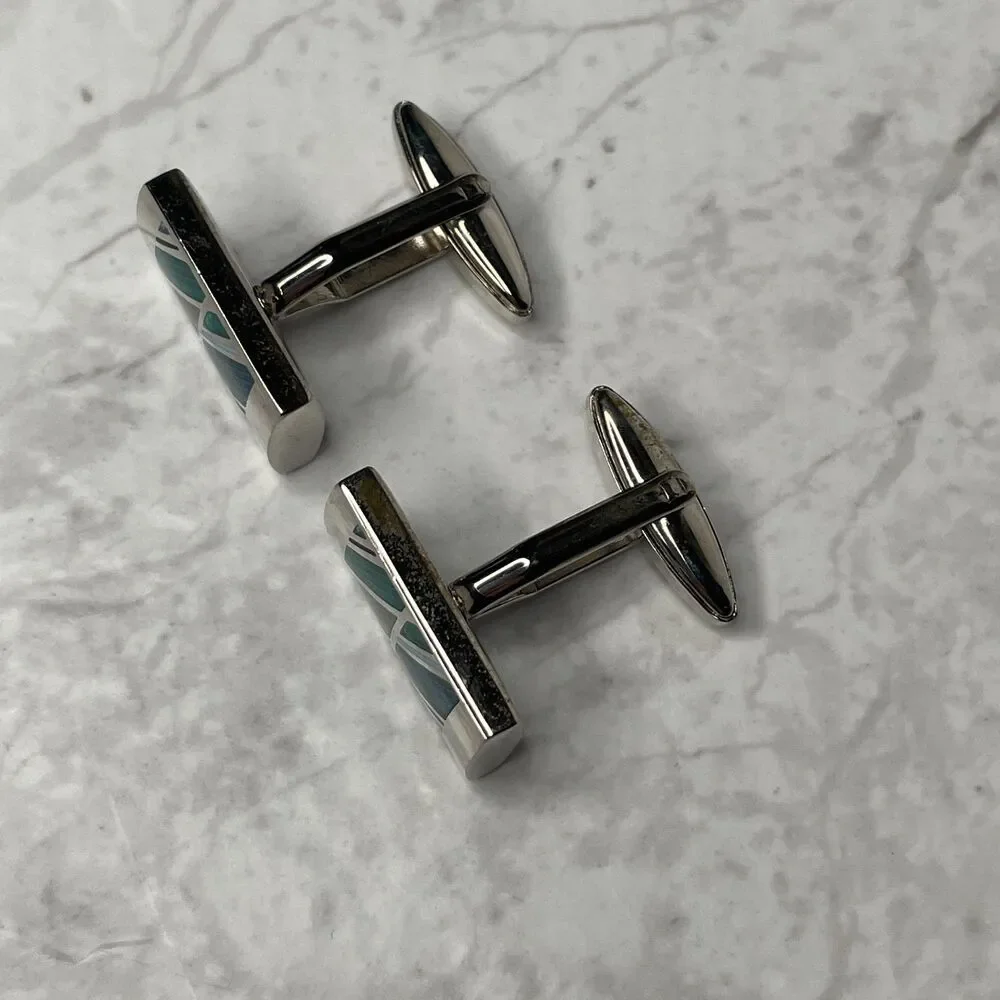 Cuff Links Silvertone Rectangular Inlaid Blue Green Stripes